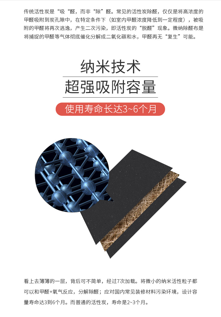 冰虫微纳除醛布-采用纳米技术，具有超强吸附容量，使用寿命长达3-6个月