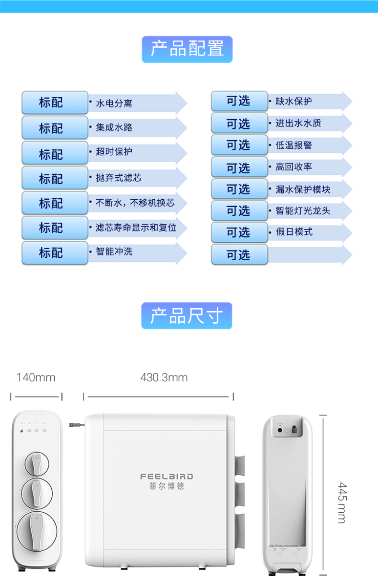 菲尔博德净水器-产品配置与产品尺寸说明